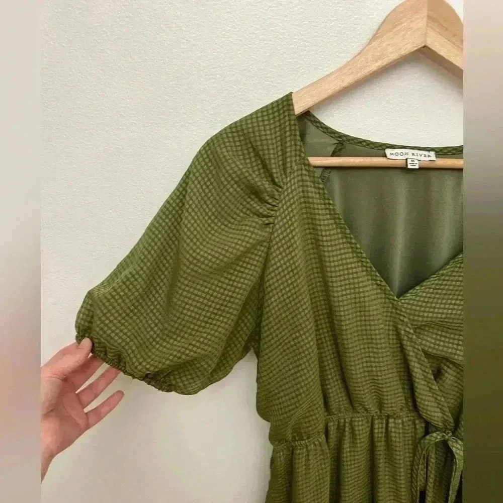 Moon River Tiered Puff Sleeve Gingham Green Sun Dress M Crew Ivy City Wedding View 4